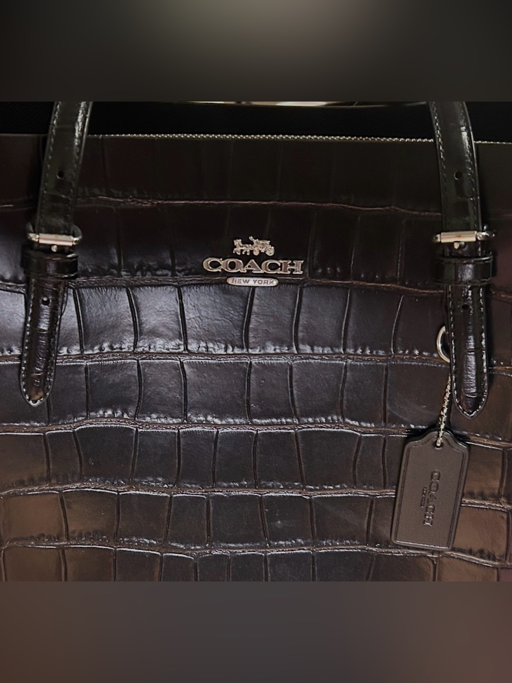 COACH Mollie Tote Bag- Black Croc-Embossed Leather - Picture 2 of 13